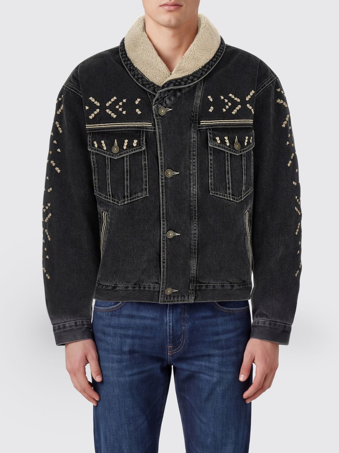 Isabel Marant Jackson Embroidered Cotton Denim Jacket with Shawl Collar