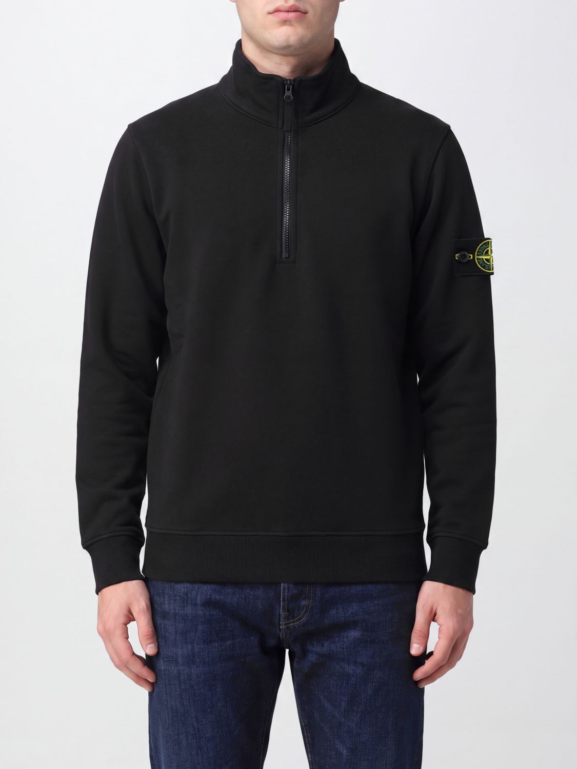 STONE ISLAND Felpa dolcevita in cotone con mezza zip e logo Compass