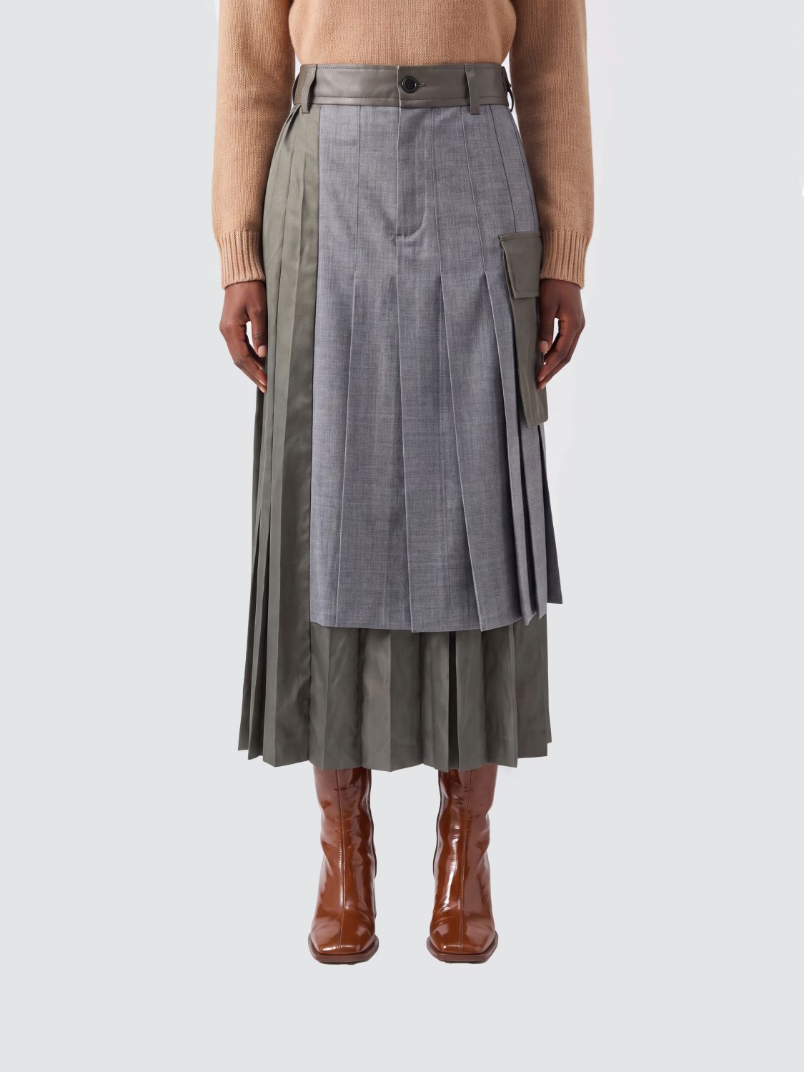 SACAI Asymmetrischer Midi-Rock von aus Wollmischung mit Falten und Cargotaschen