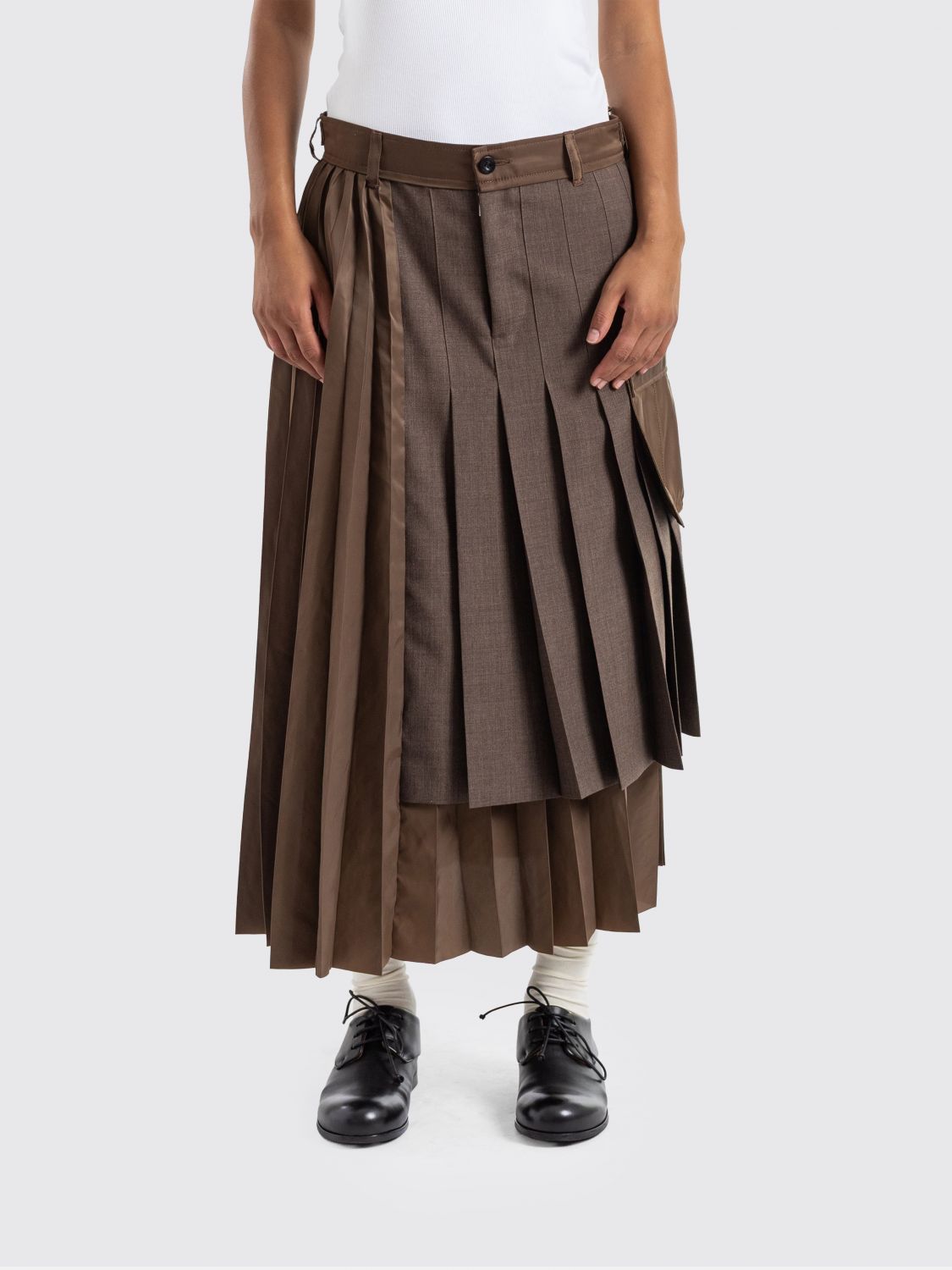 SACAI Asymmetrical Midi Skirt in Wool Blend with Pleats and Cargo Pockets