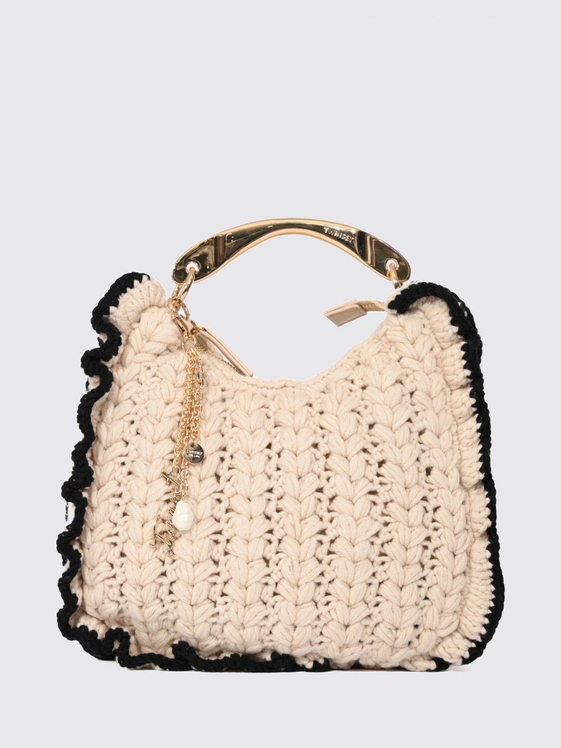 Twinset Croissant Crochet Handbag with Metallic Handle and Charm