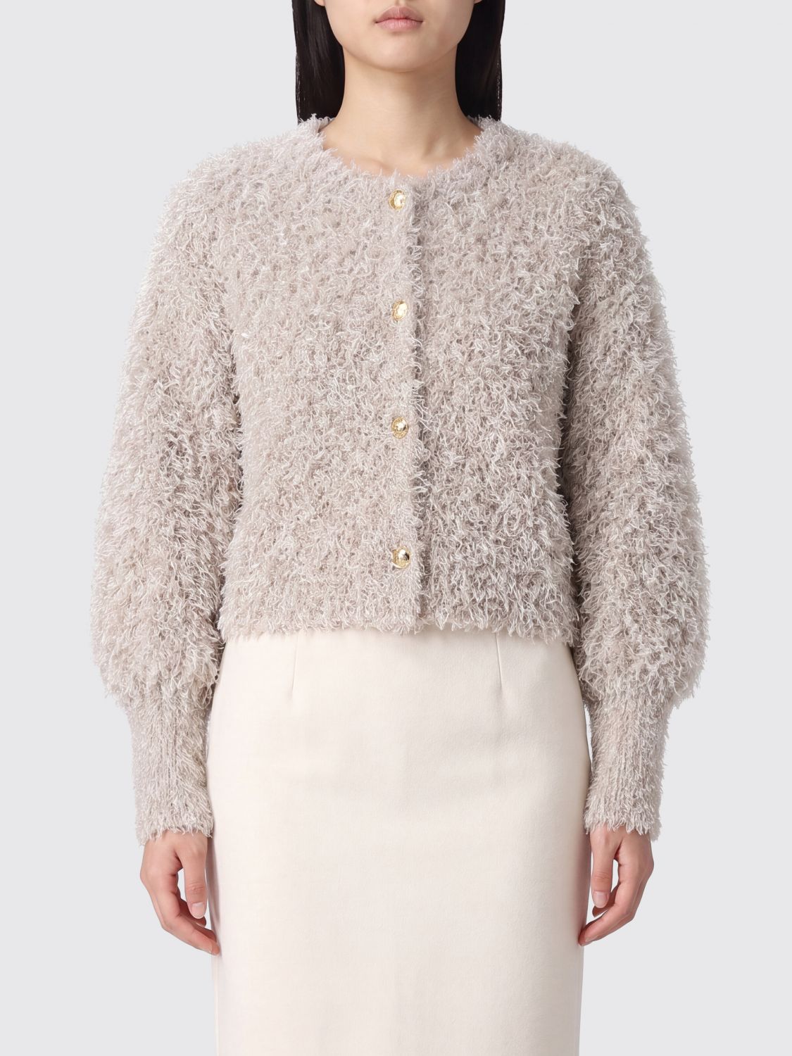 Twinset Crewneck Wool Blend Cardigan with Fringes and Metal Buttons