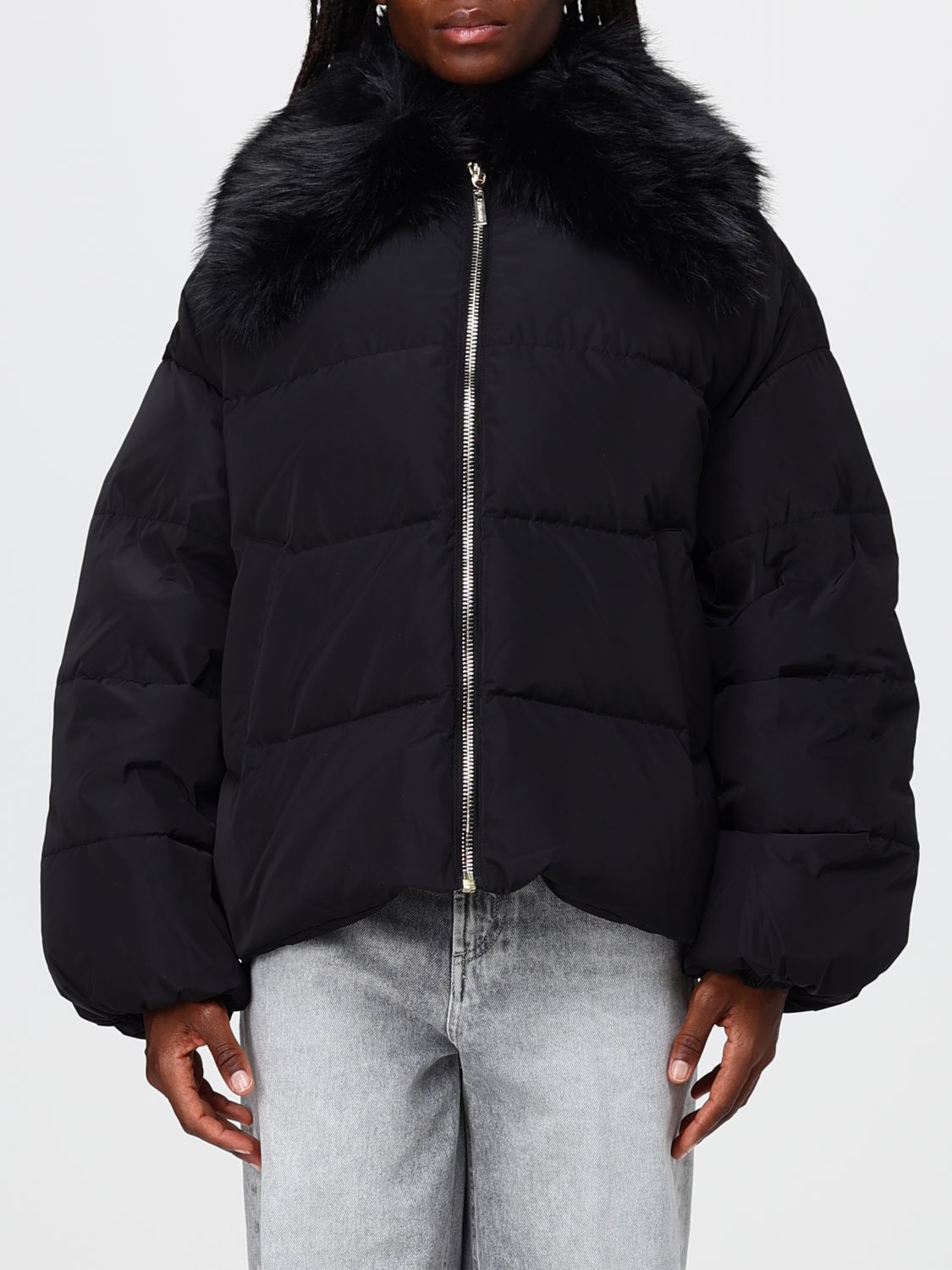 Twinset Water-Repellent Cropped Puffer Jacket with Removable Faux Fur Collar