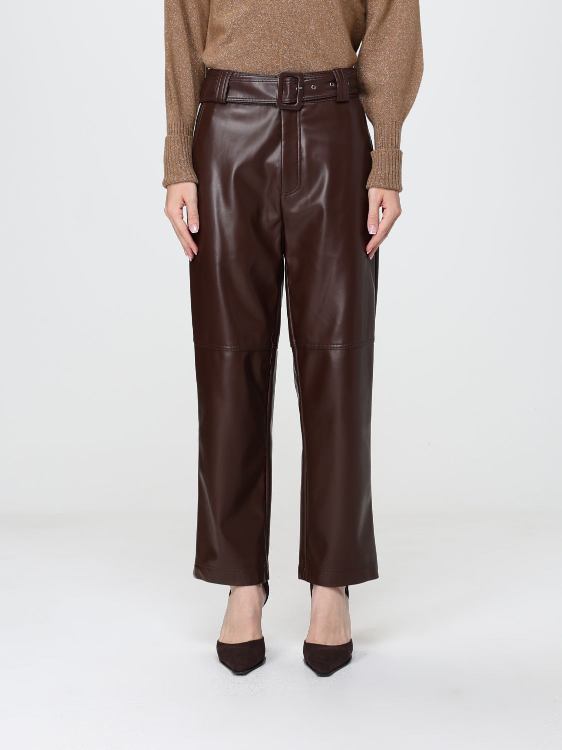 Twinset High-Waisted Straight-Leg Cropped Faux Leather Trousers