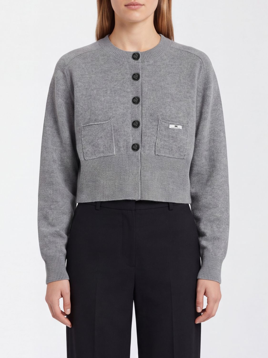 ELISABETTA FRANCHI Cardigan cropped in misto lana e cashmere con tasche