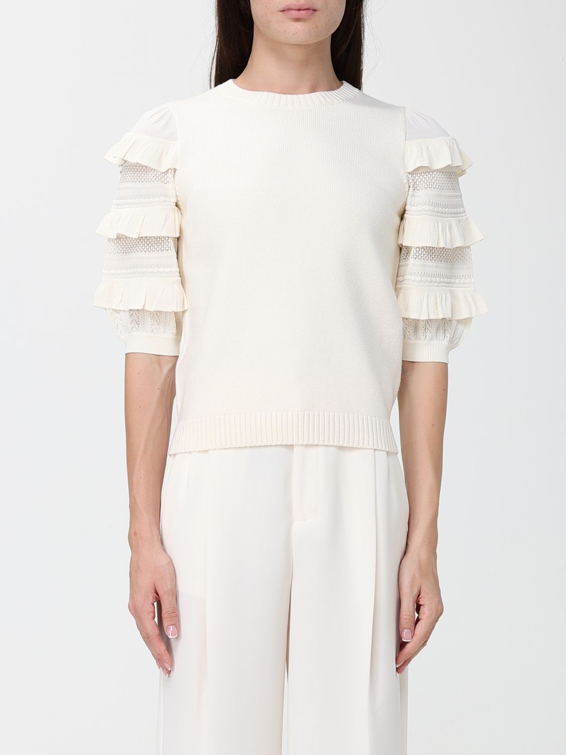 Twinset Maglia in misto lana a maniche corte con ricami e rouches