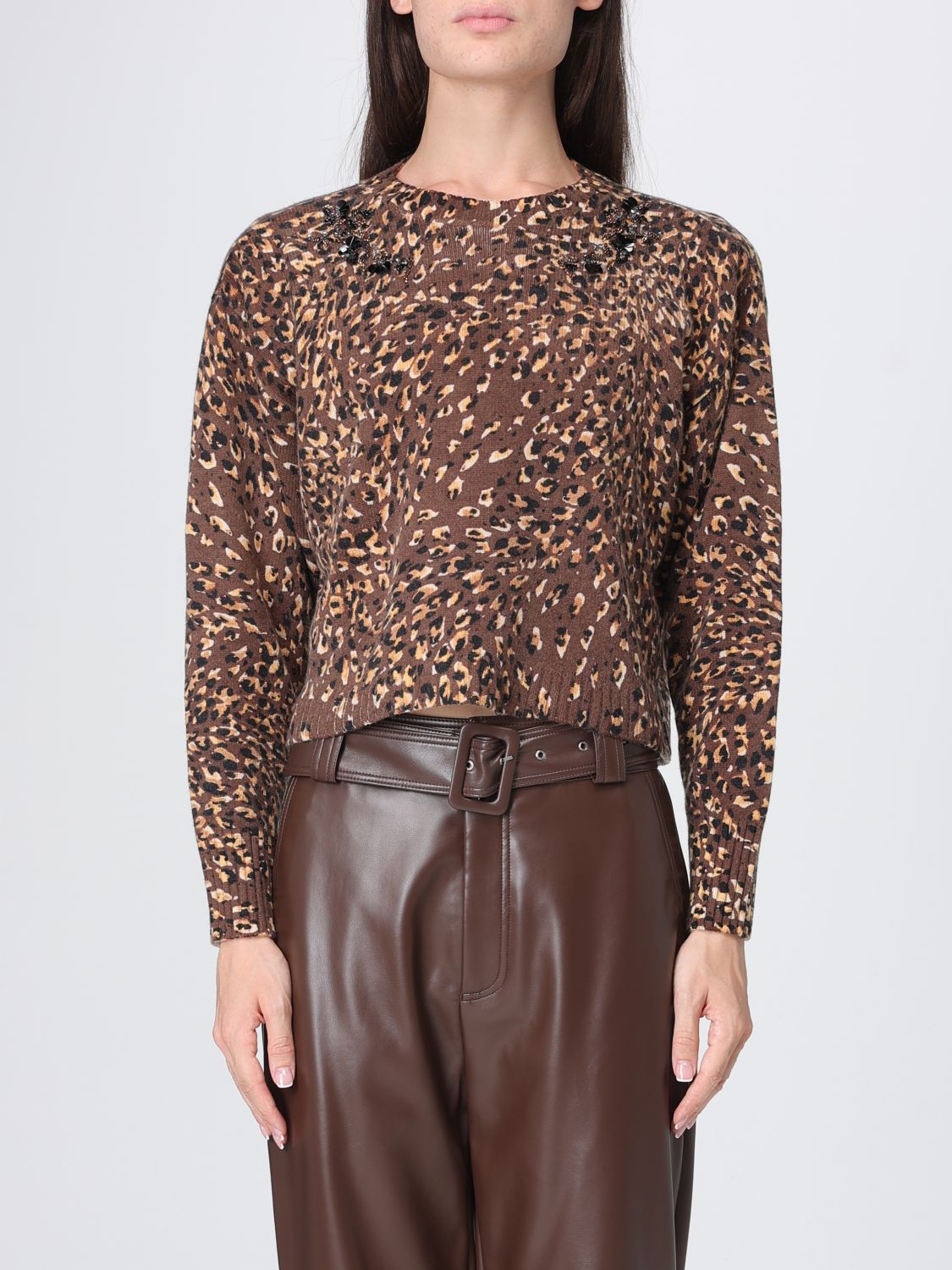 Twinset Maglia in misto lana con stampa animalier e ricamo di cristalli