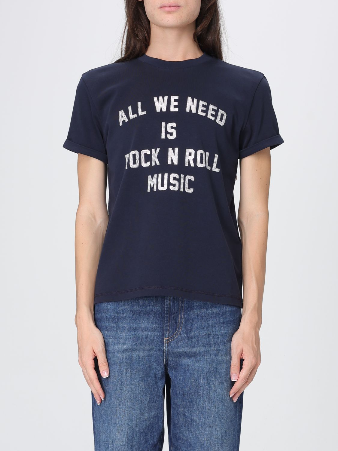 ZADIG & VOLTAIRE Blaues Baumwoll-T-Shirt mit kontrastierendem Slogan-Druck