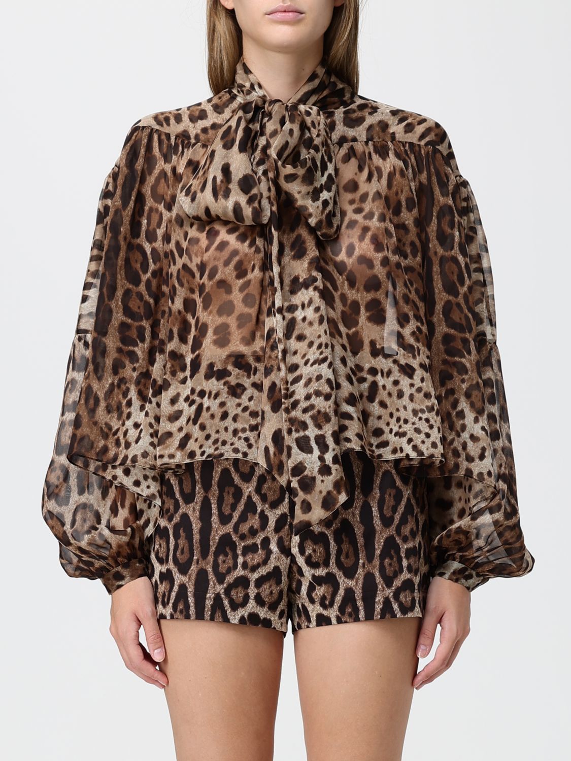 DOLCE & GABBANA Camicia in seta con stampa animalier e collo a fusciacca