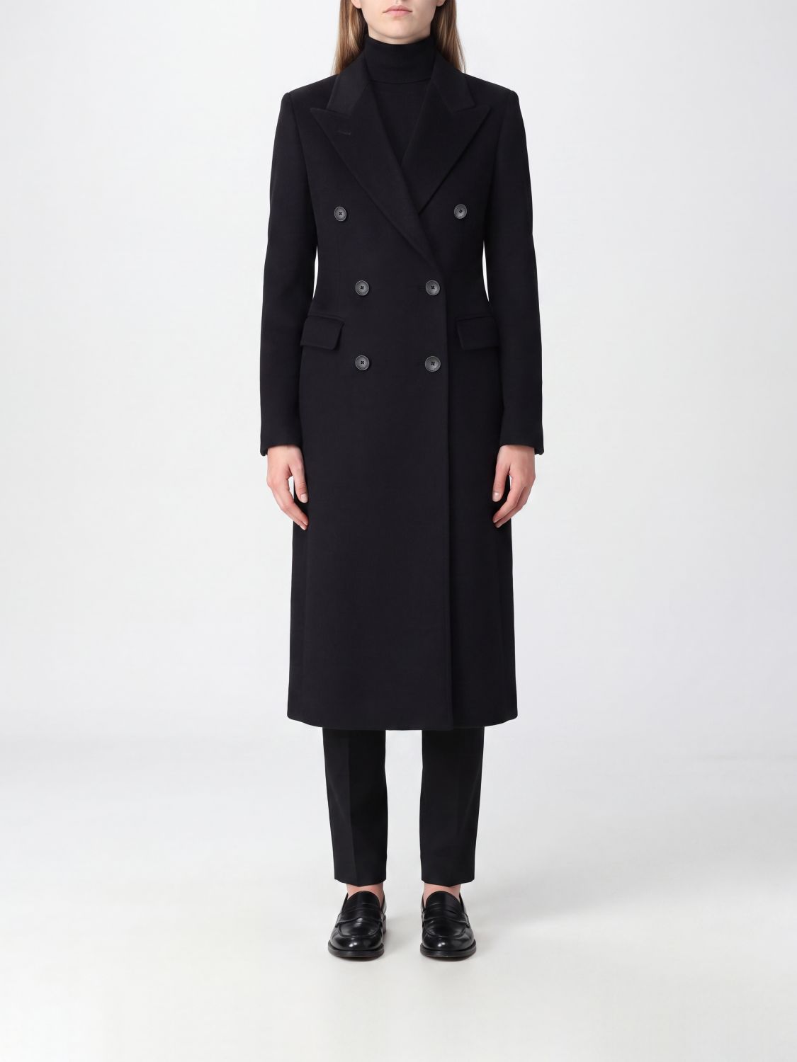 TAGLIATORE Double-Breasted Long Coat in Pure Black Cotton with Peak Lapels