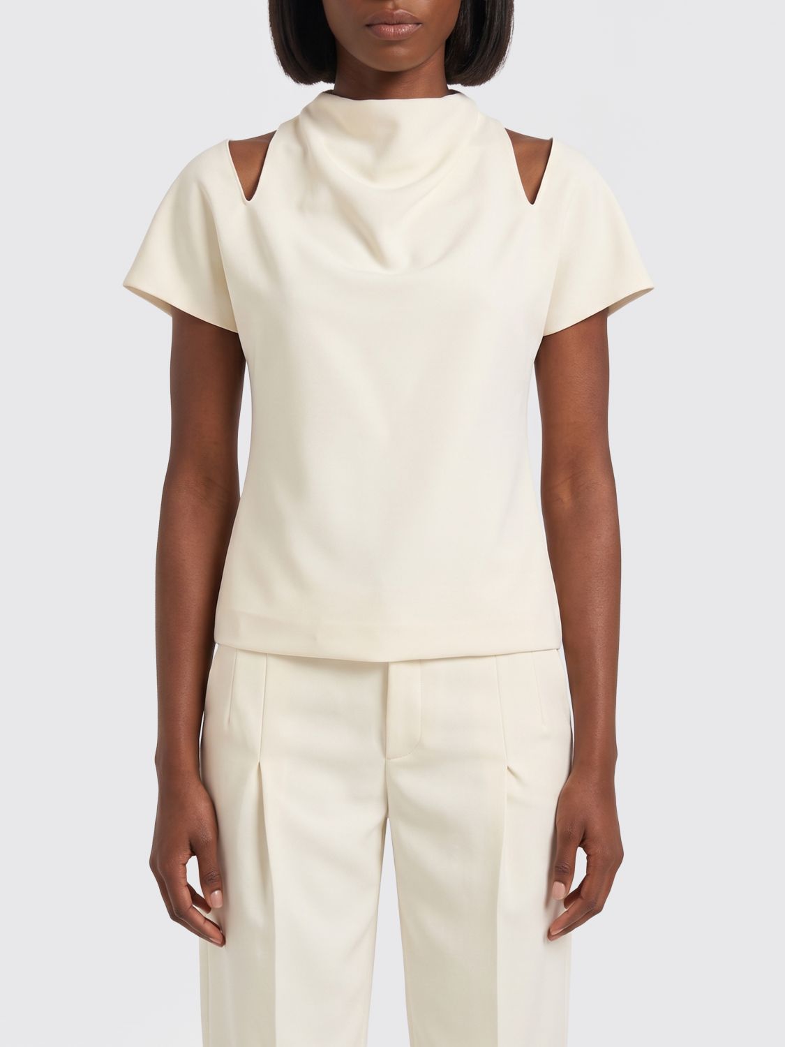 FEDERICA TOSI Short-Sleeved Cady Blouse with High Neck and Cut-Out Shoulders