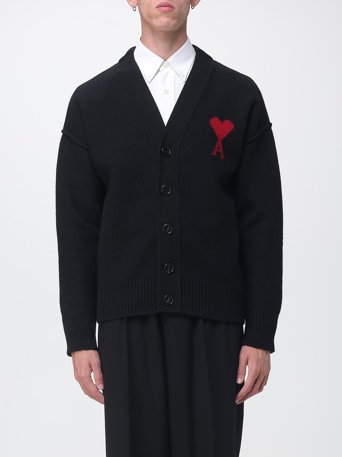 Ami Paris V-Neck Wool Cardigan with Contrast Logo