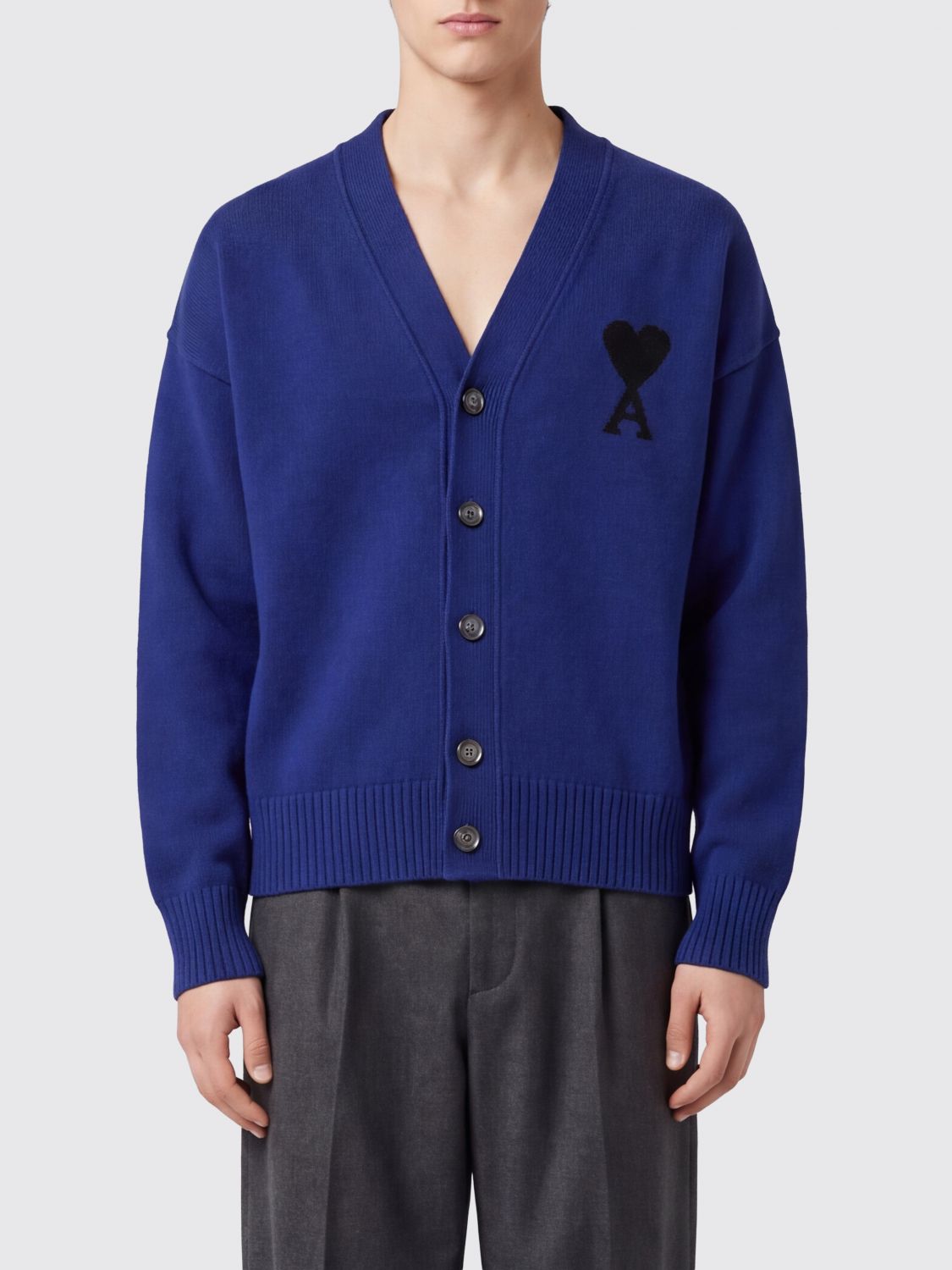 AMI PARIS V-Neck Wool Cardigan with Contrast Logo