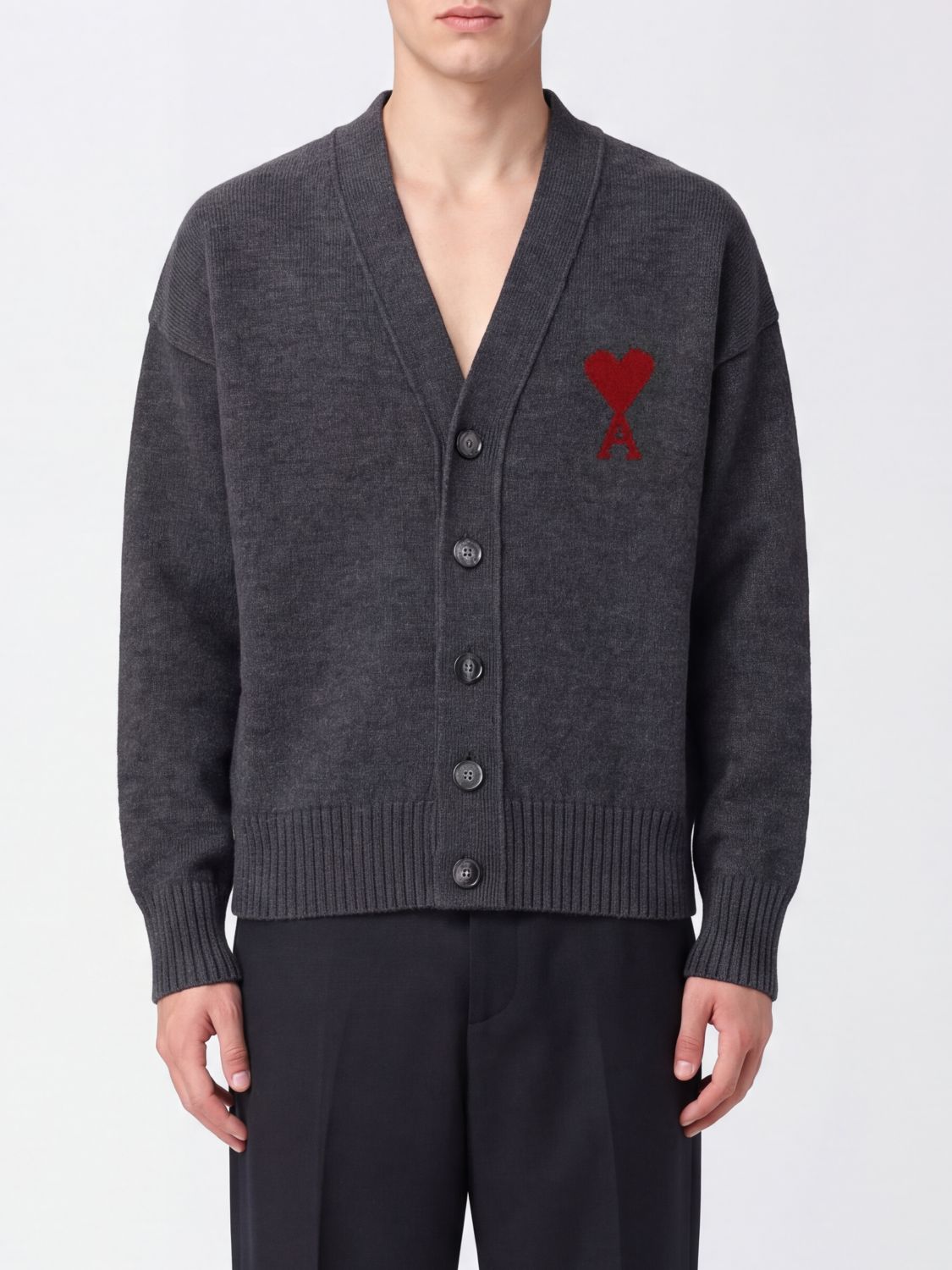 AMI PARIS V-Neck Wool Cardigan with Contrast Logo