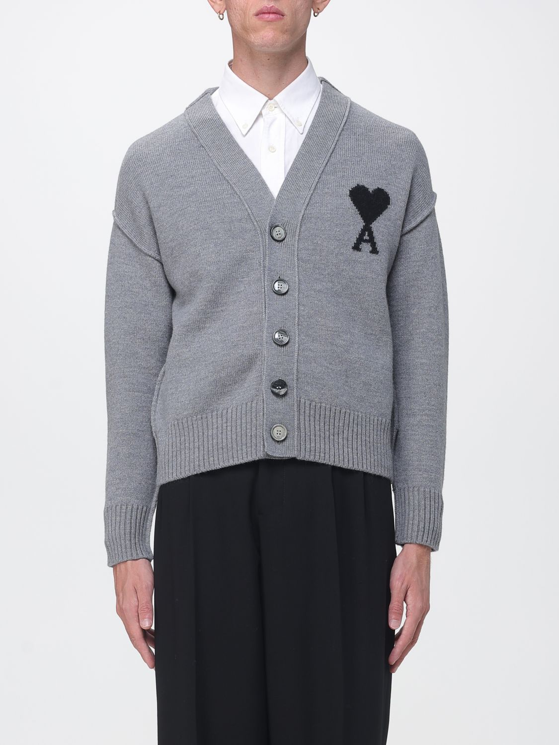 AMI PARIS V-Neck Wool Cardigan with Contrast Logo