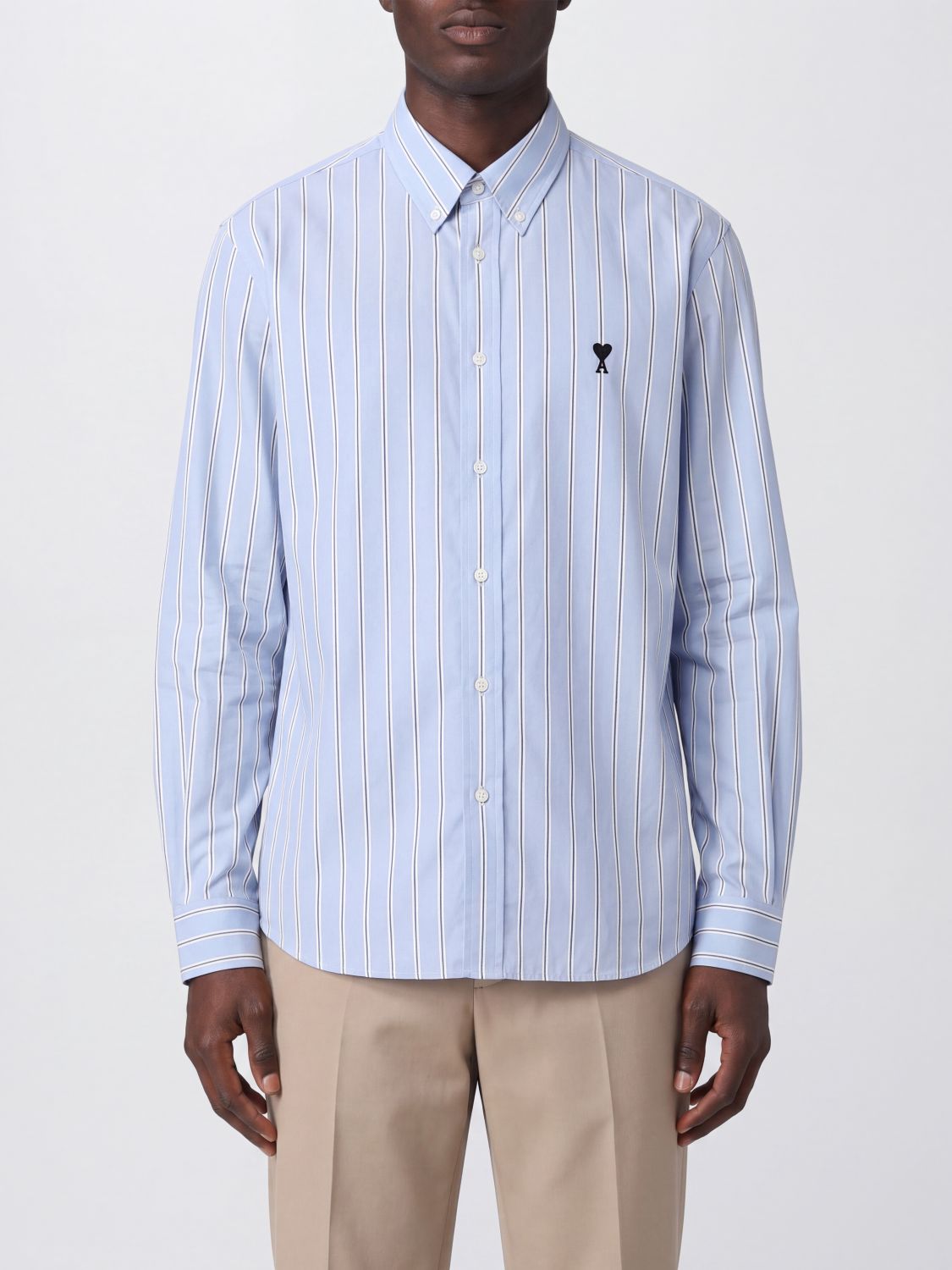 AMI PARIS Relaxed Fit Long-Sleeved Striped Cotton Shirt with Embroidered Logo