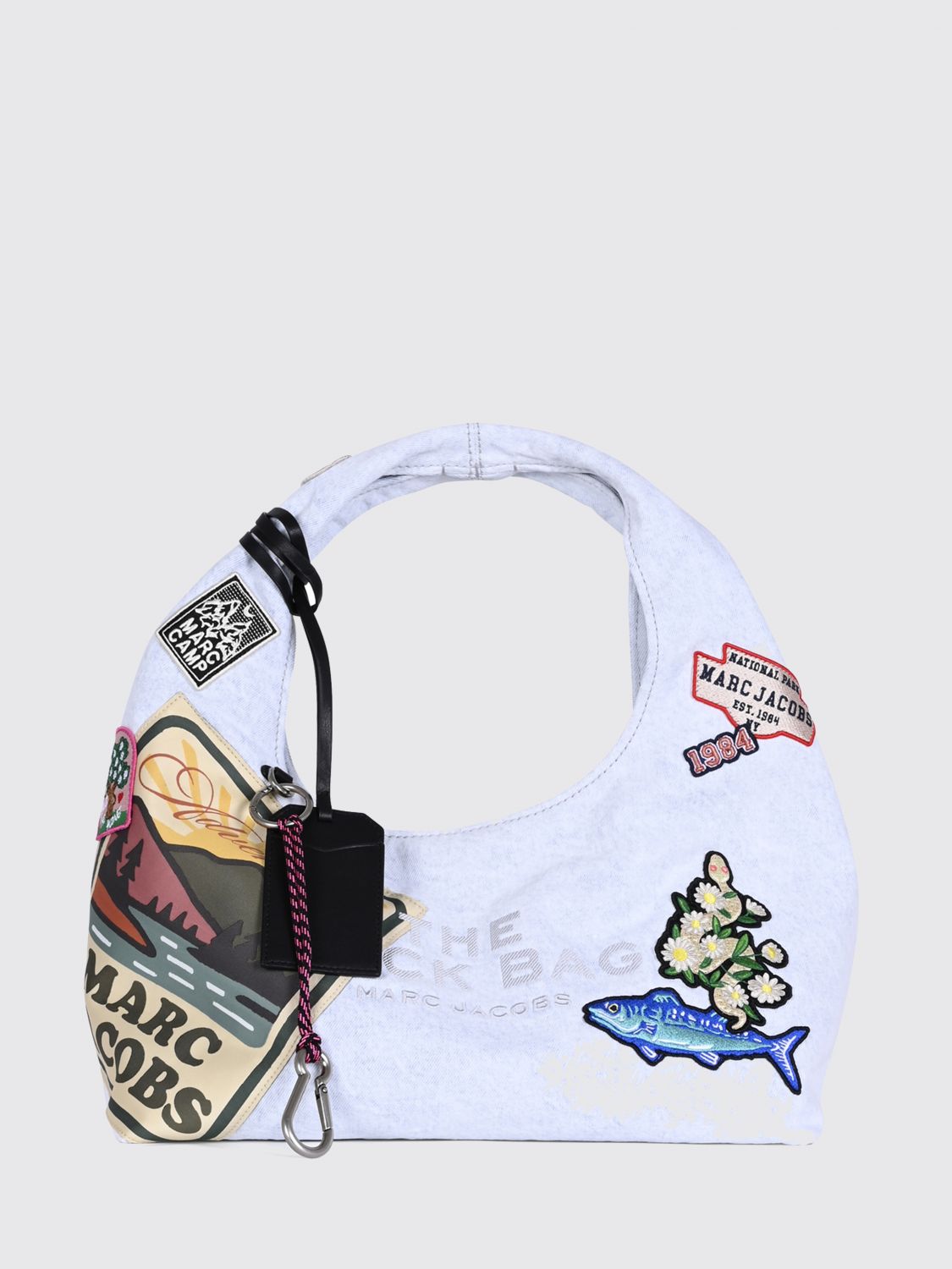 MARC JACOBS The Sack Handbag in Cotton Denim with Printed Logo and Charm MARC JACOBS The Sack Handbag in Cotton Denim with Printed Logo and Charm