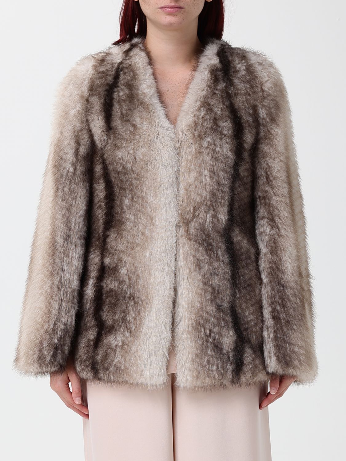Twinset Abstract-Pattern Faux-Fur Wool-Blend Short Coat