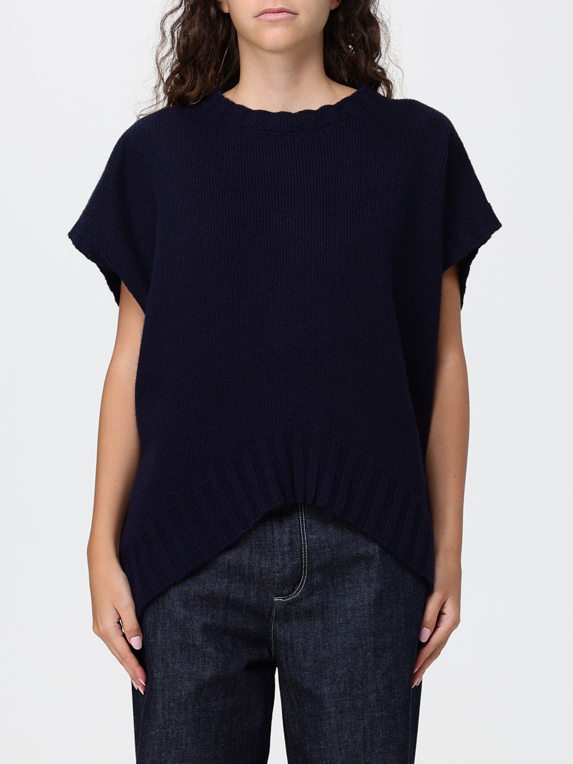 Twinset Short-Sleeved Wool and Cashmere Crewneck Jumper with asymmetrical hem