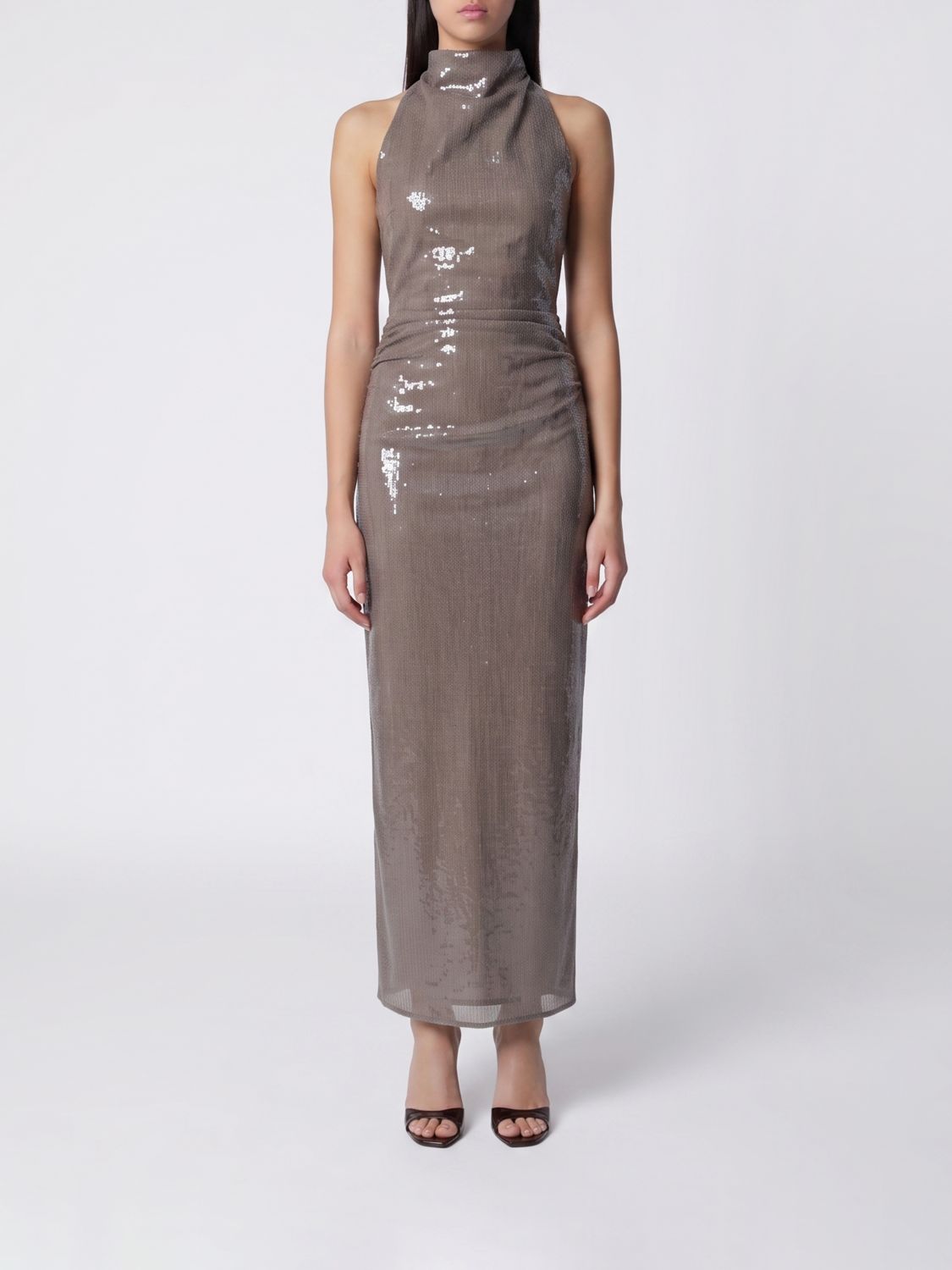 ROTATE Long Sequin-Embellished Sheath Gown with Halter Neck