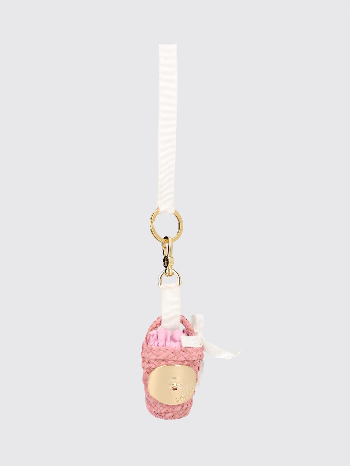 Patou Raffia and Leather Keyring with Contrasting Logo