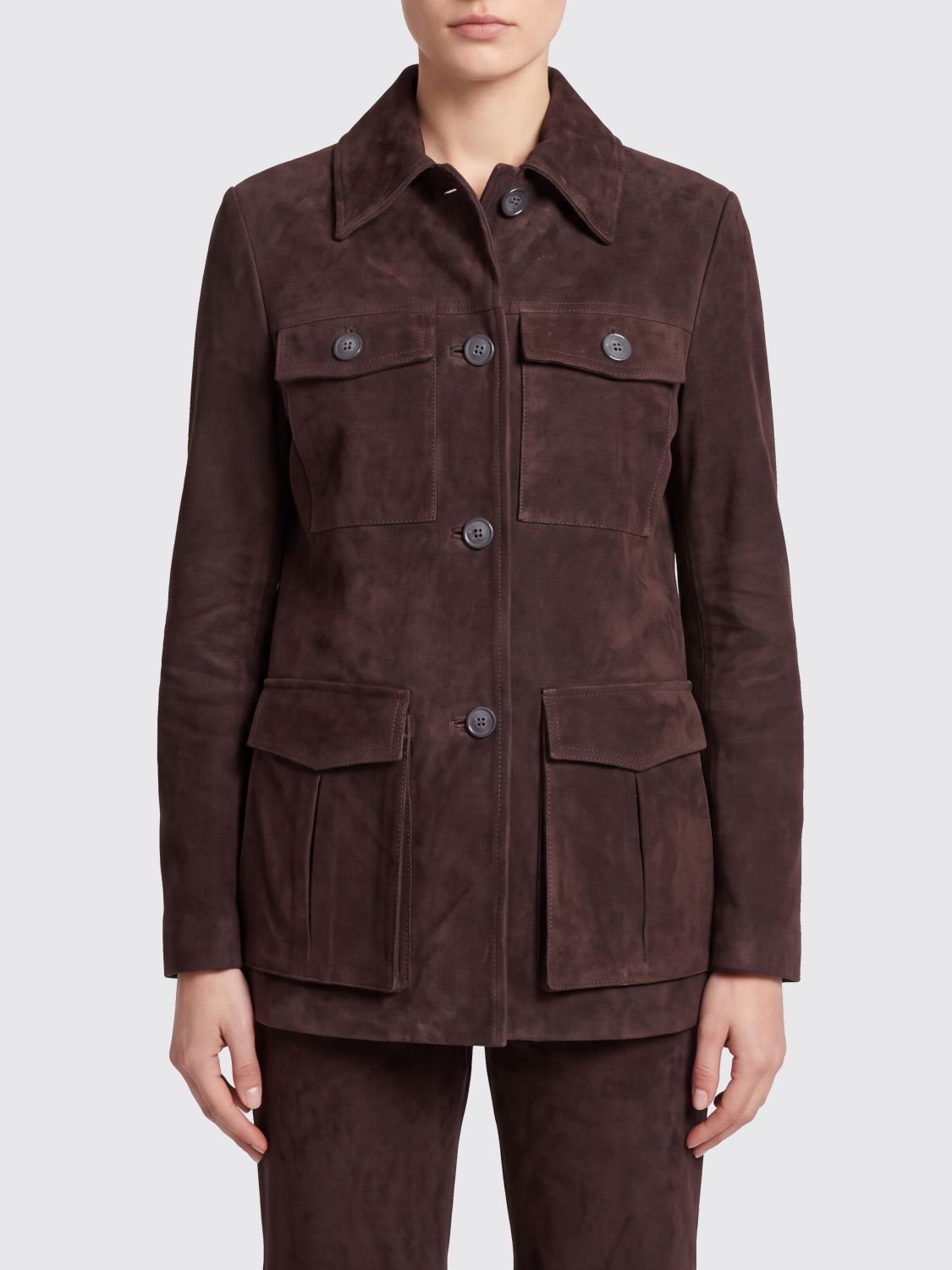 SEMICOUTURE Cropped Suede Leather Shirt Jacket with Patch Pockets