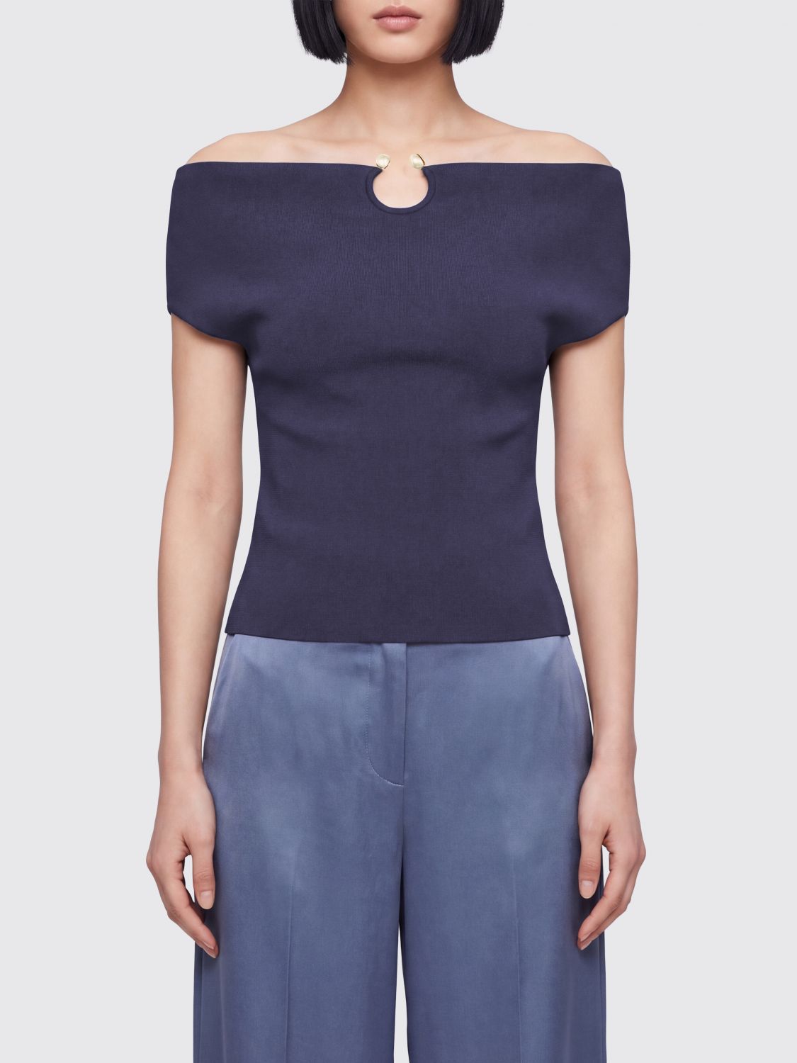 ALBERTA FERRETTI Slim Fit Knit Viscose Blend Top with Jewel Brooch