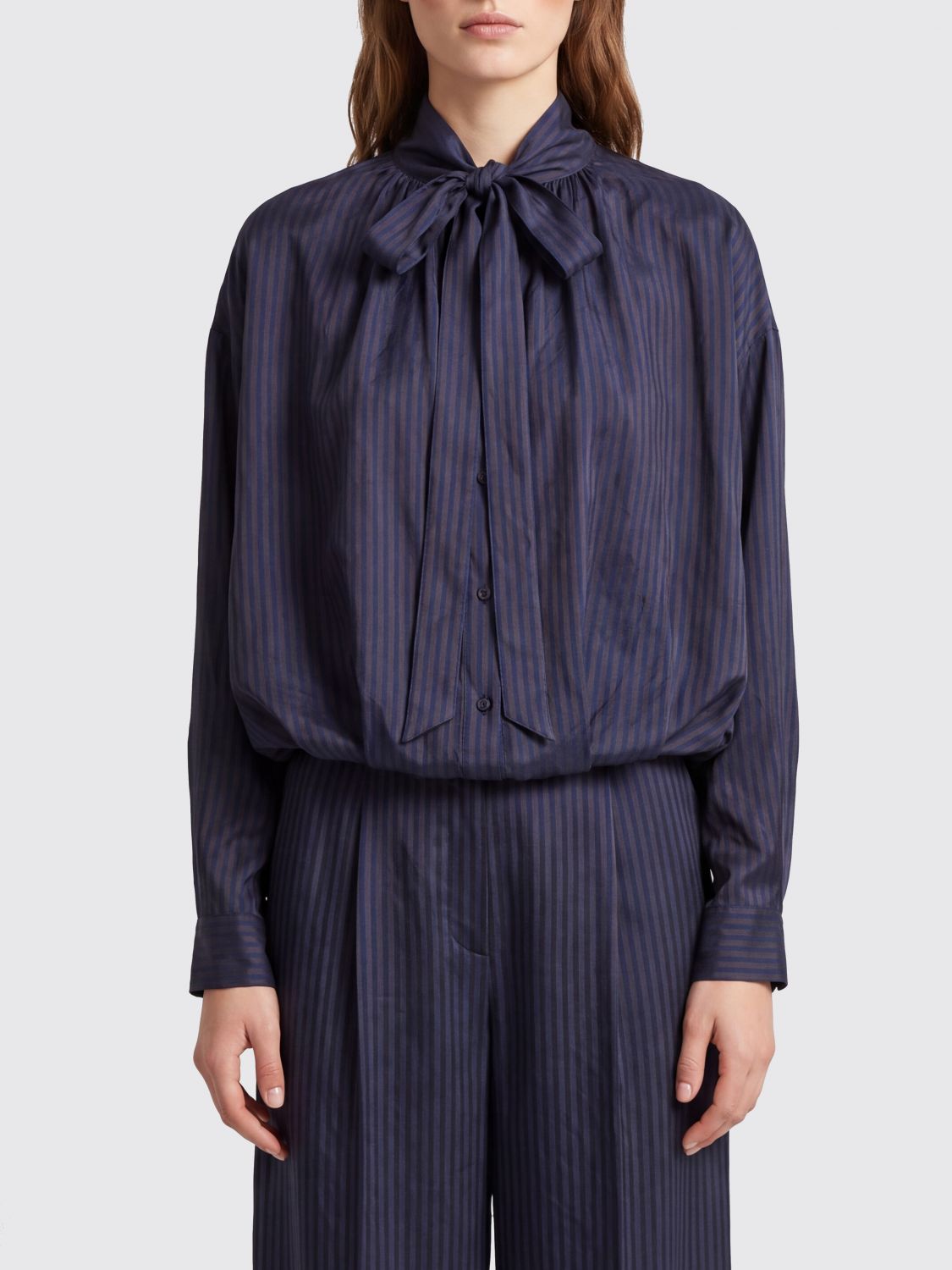 DRIES VAN NOTEN Striped Cupro Shirt with Scarf Neck and Long Sleeves