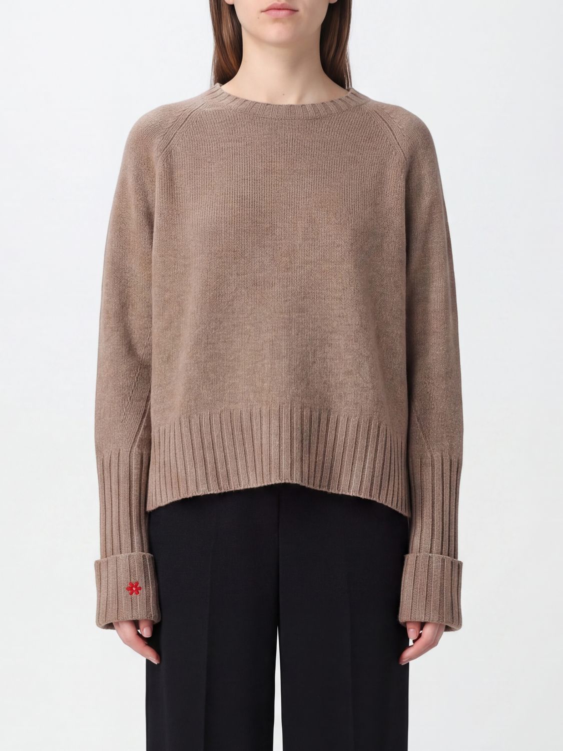 TORY BURCH Wool Crewneck Jumper with Turn-Up Cuffs