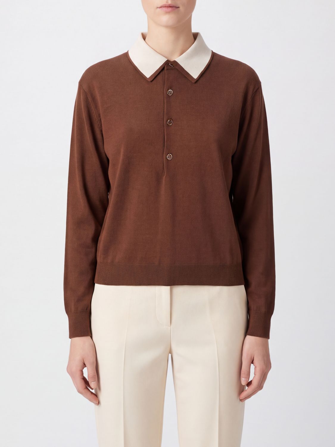 SEMICOUTURE Polo a maniche lunghe in maglia di lana con colletto a costine