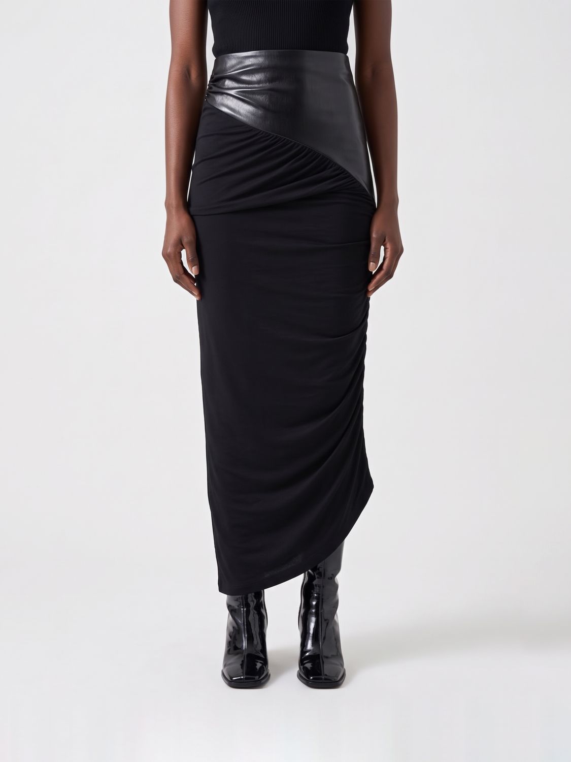 THE ANDAMANE Draped Asymmetric Hem Midi Pencil Skirt