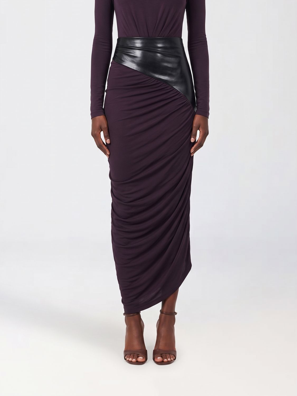 THE ANDAMANE Draped Asymmetric Hem Midi Pencil Skirt