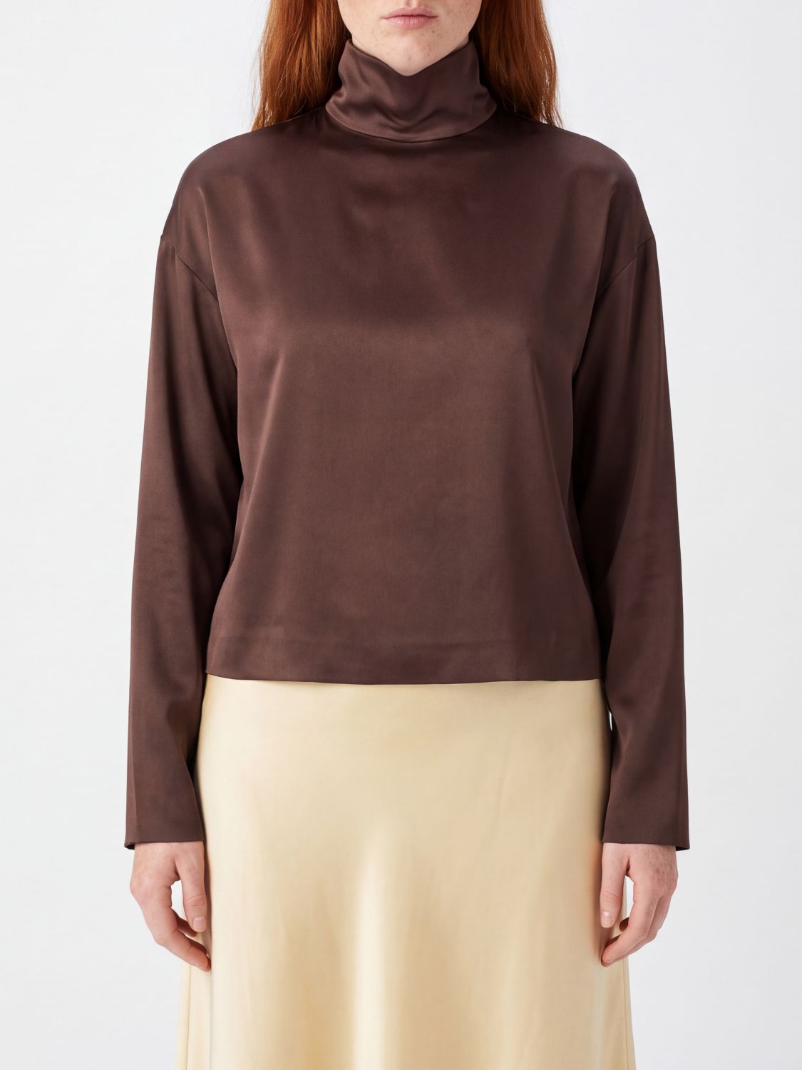 FEDERICA TOSI Long-Sleeved Satin Turtleneck Top with Rear Zip