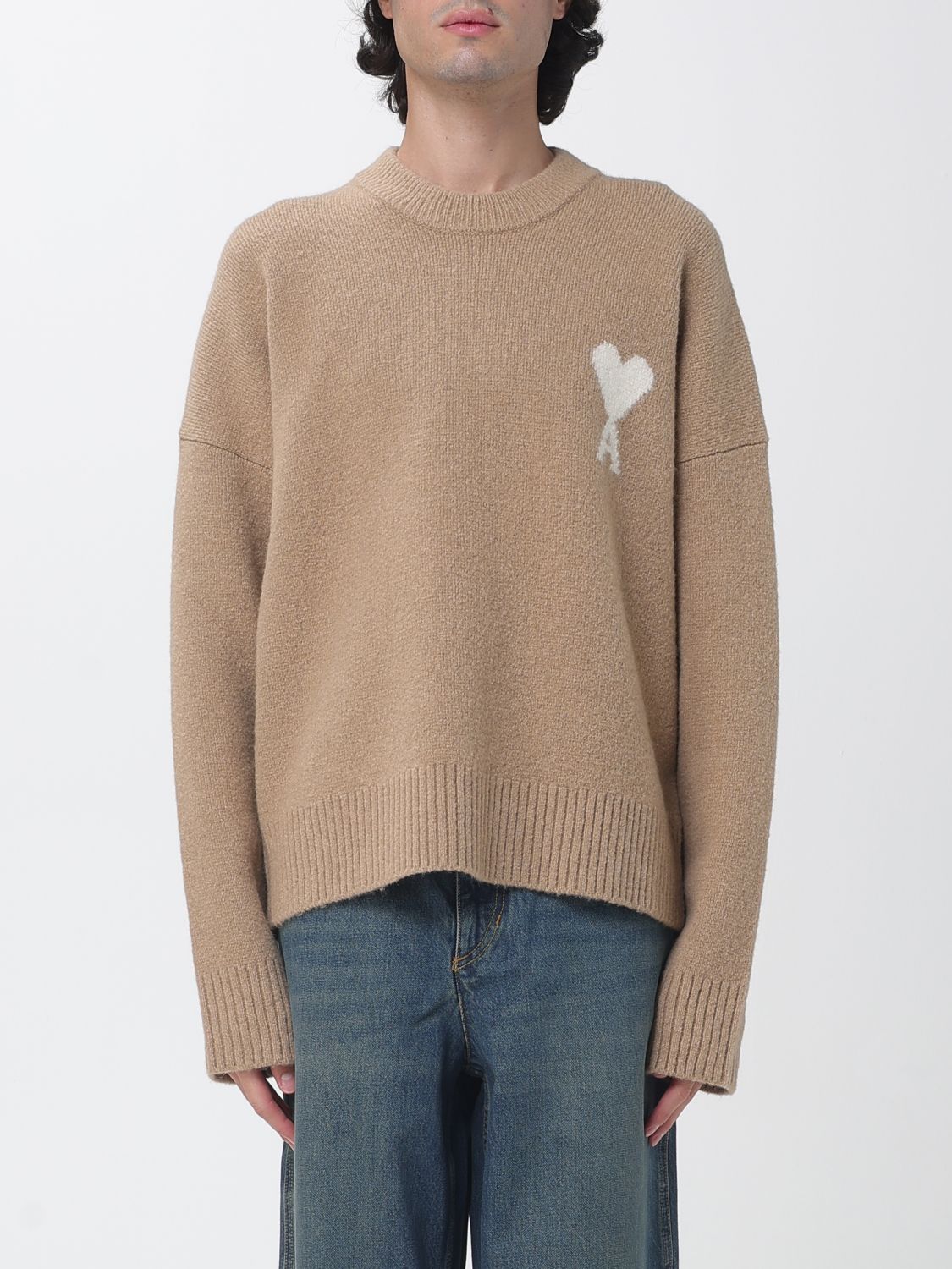 AMI PARIS Wool and Alpaca Crewneck Jumper with Jacquard Logo
