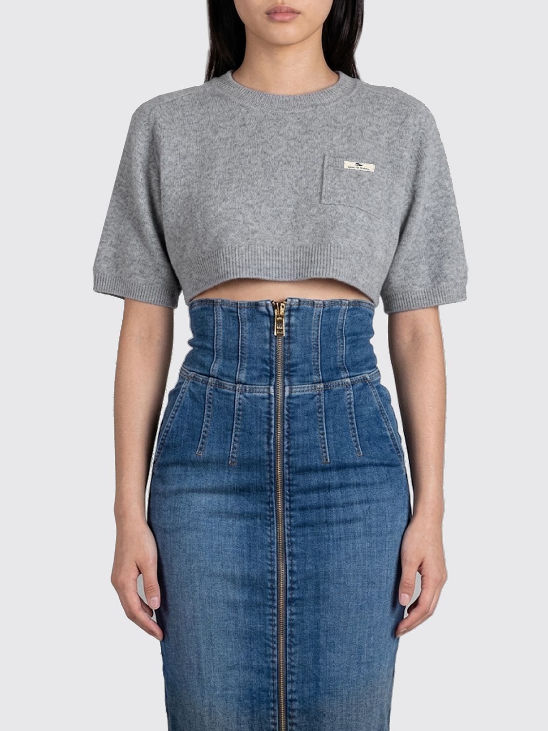 ELISABETTA FRANCHI Cropped-Pullover von aus Wolle und Kaschmir mit Kontrastlogo