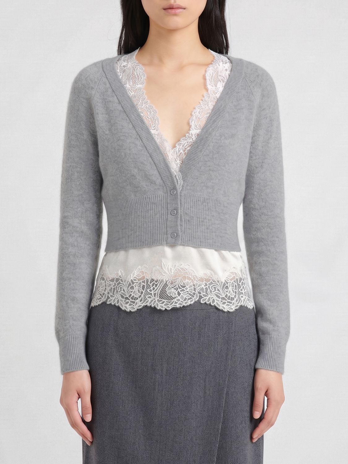 ERMANNO SCERVINO Cardigan in puro cashmere con pizzo e fondo a balze