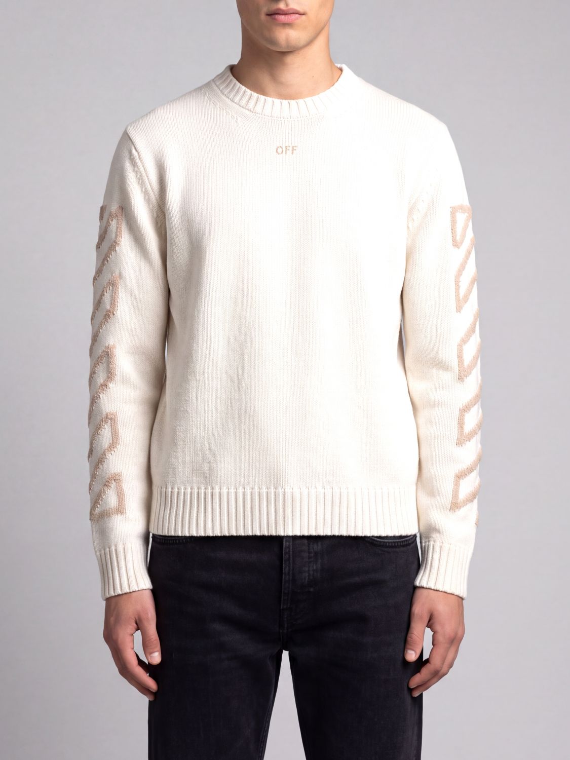 Off-White Wool-Blend Crewneck Jumper with Inlaid Arrow Logo