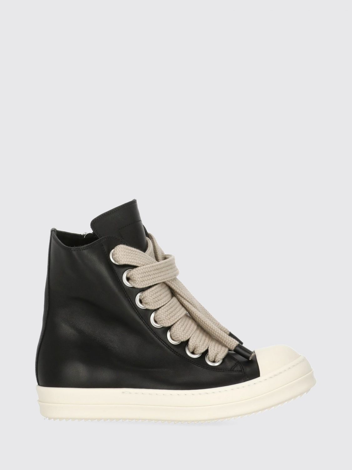 RICK OWENS High-Top Smooth Leather Trainers with Zip Closure and Rubber Toe
