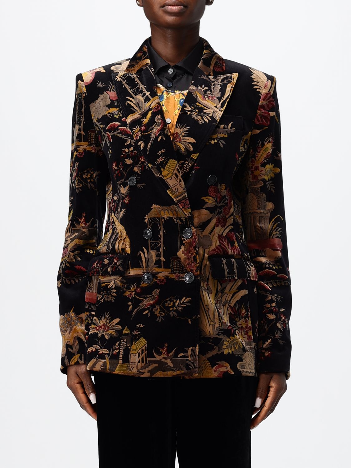 ETRO Double-Breasted Velvet Blazer with Ethnic Pattern in Black