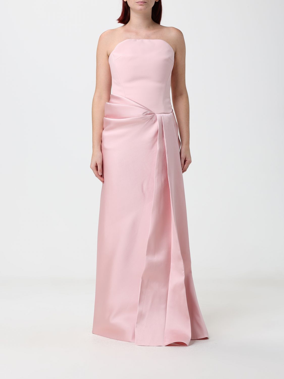 Solace London Off-the-Shoulder Satin Gown with Draped Waist and Back Slit