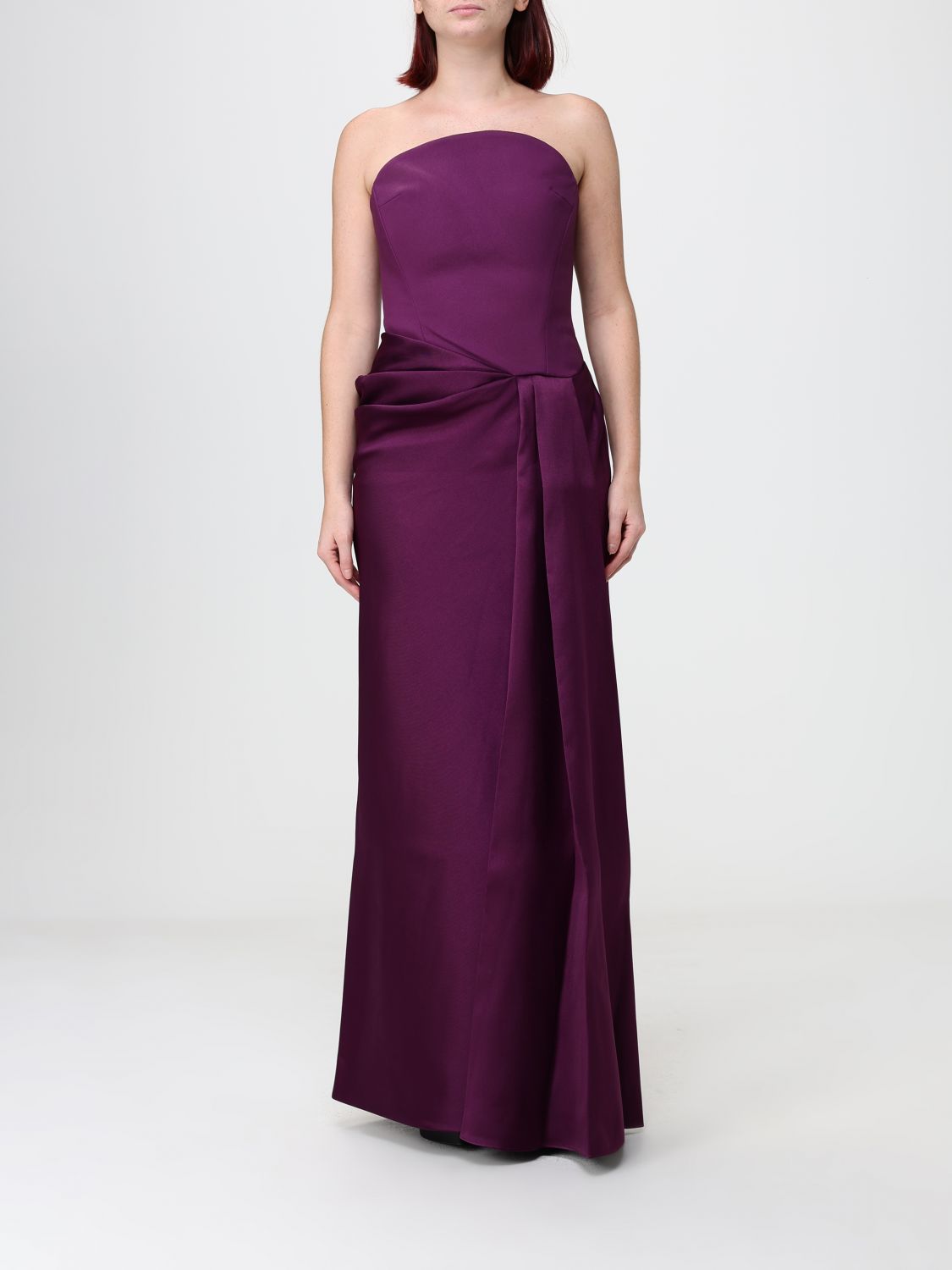 Solace London Off-the-Shoulder Satin Gown with Draped Waist and Back Slit