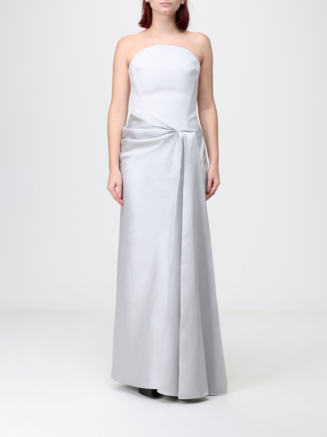 Solace London Off-the-Shoulder Satin Gown with Draped Waist and Back Slit