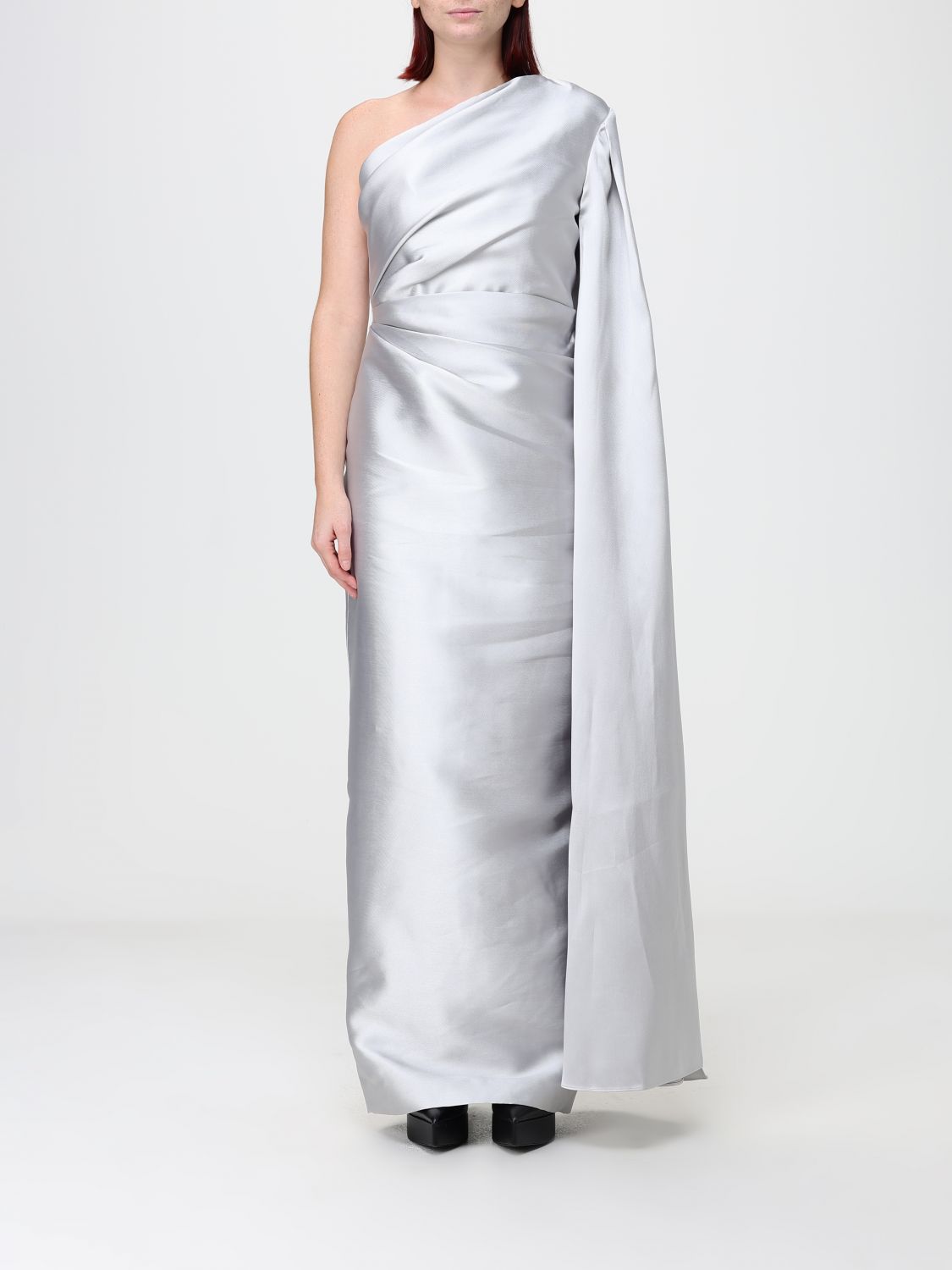 Solace London One-Shoulder Long Satin Gown with Draped Waist