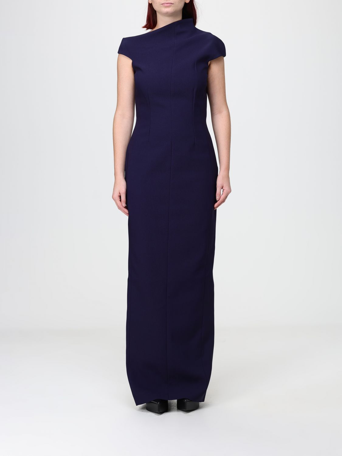 Solace London Long Crêpe Sheath Gown with an Asymmetrical Neckline