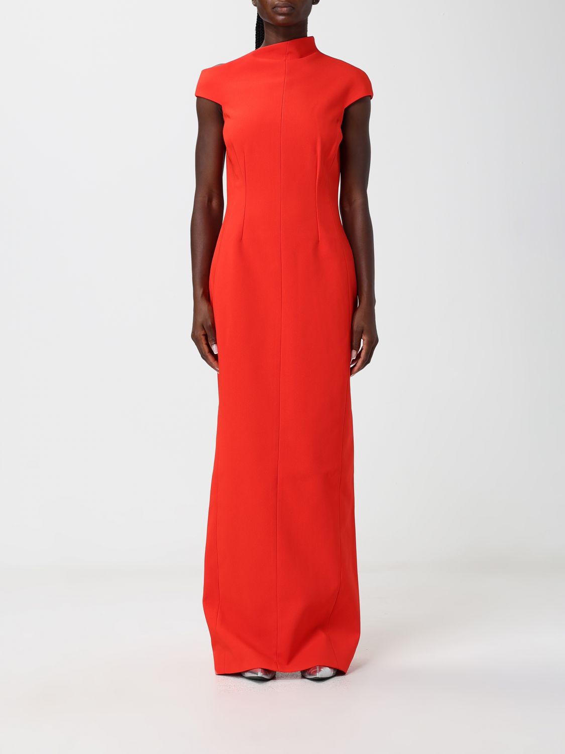Solace London Long Crêpe Sheath Gown with an Asymmetrical Neckline