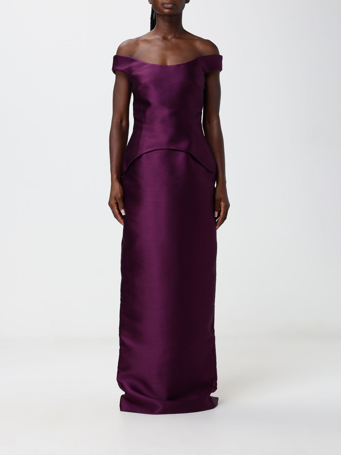 Solace London Off-the-Shoulder Satin Gown with a Straight Neckline