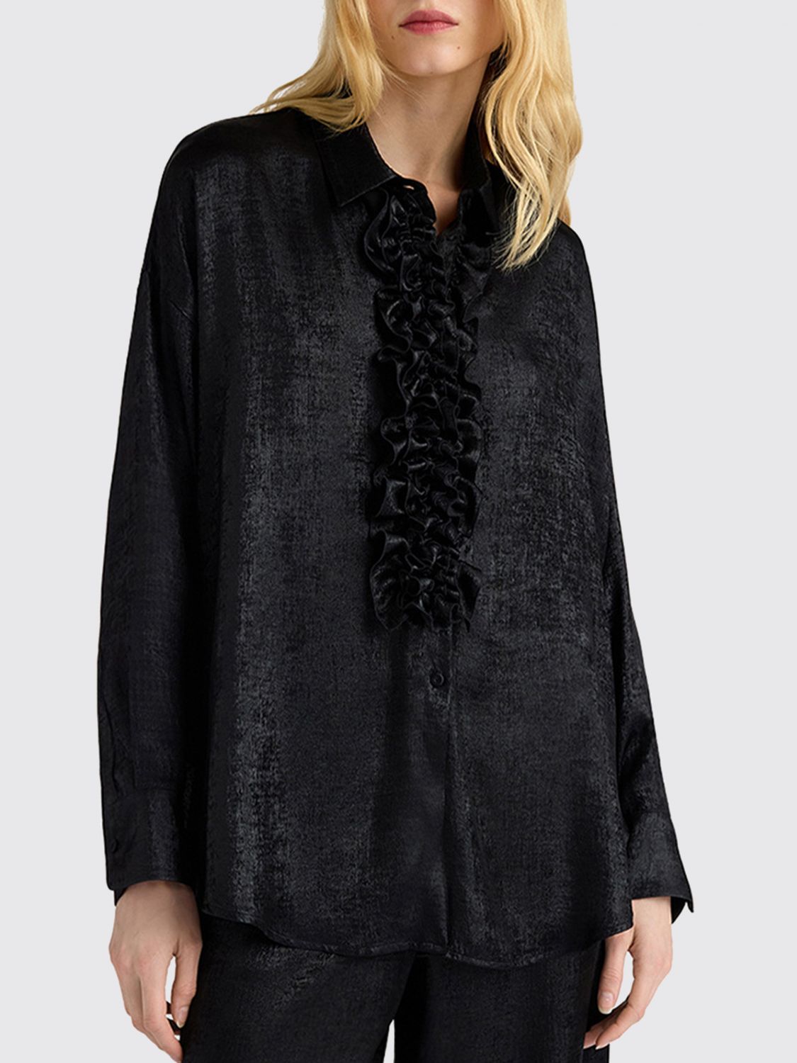 Momonì Bilancia Bis Relaxed Fit Black Satin Shirt with Ruffles