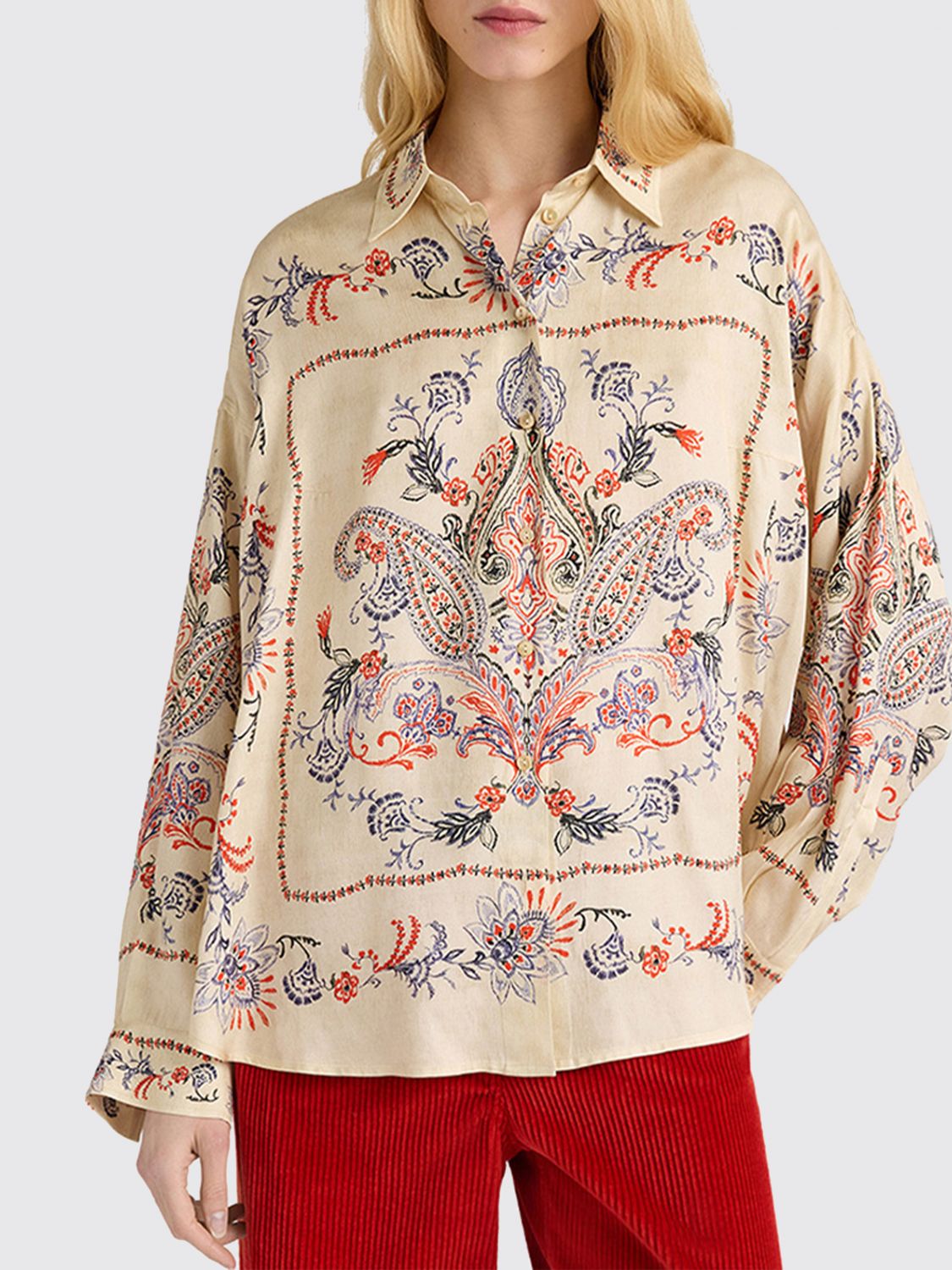 Momonì Pitanga Bis Relaxed Fit Satin Shirt with Ethnic Print