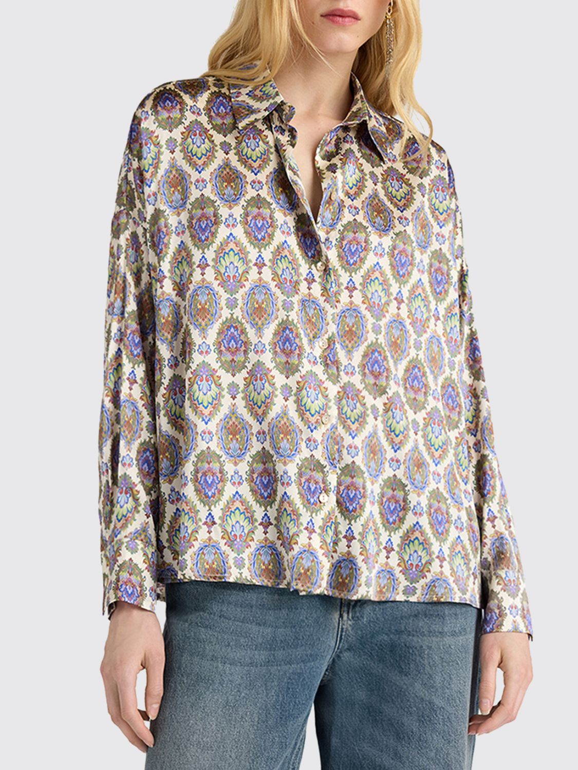 Momonì Flau Ethnic Print Silk Crêpe de Chine Shirt