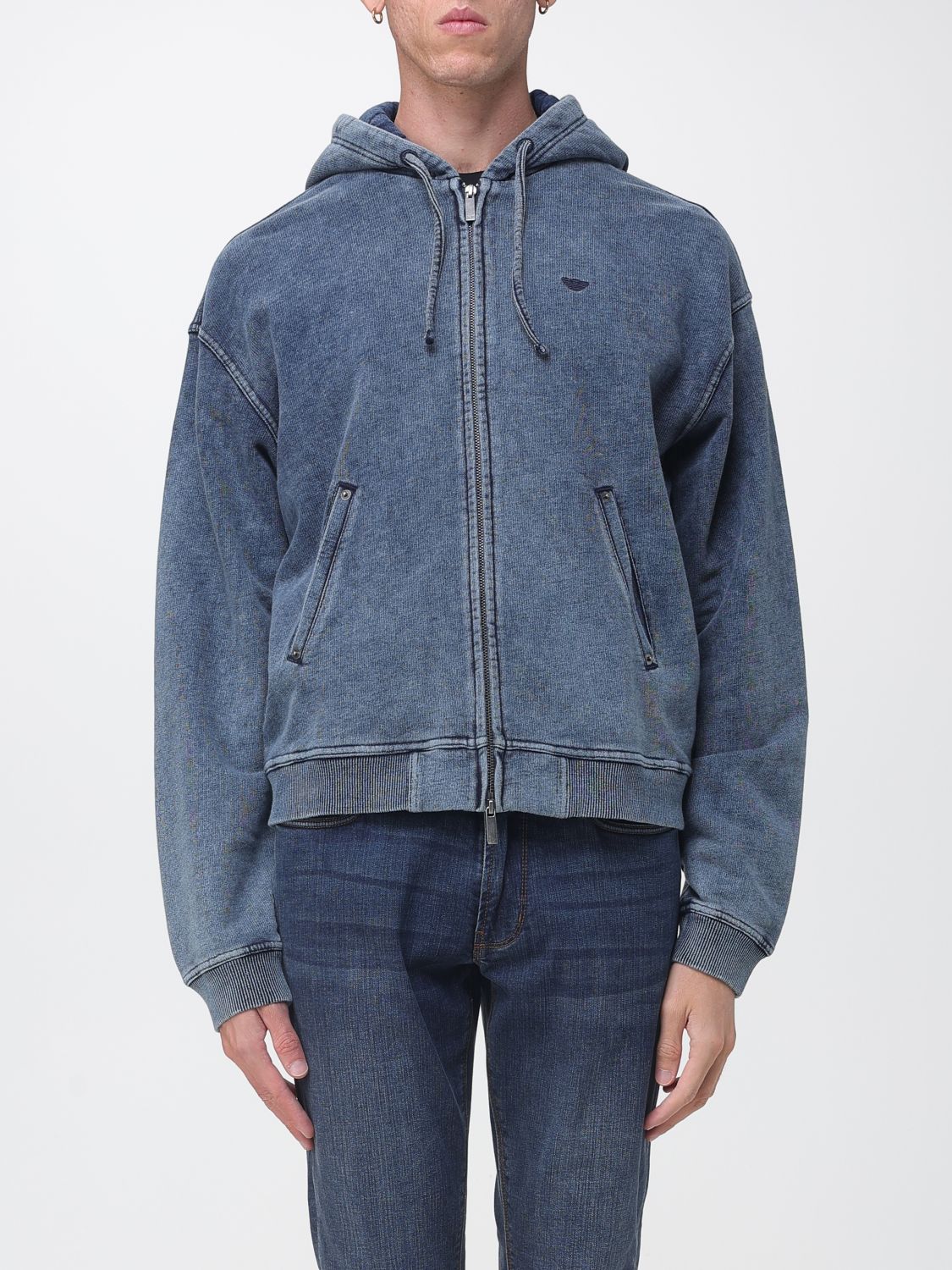 EMPORIO ARMANI Felpa in cotone con cappuccio, zip e logo ricamato